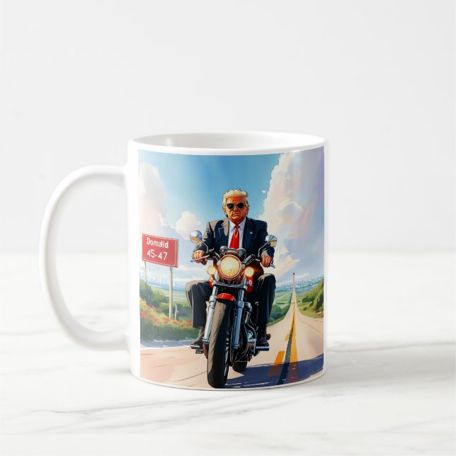 Trump riding Motorcycle past 47 sign Beautiful USA Coffee Mug (Left)