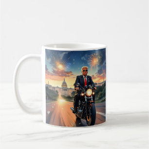 Trump Riding Motorcycle US Capitol Fireworks MAGA Coffee Mug