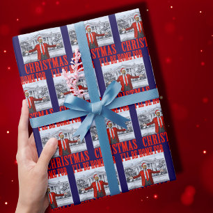 Trump Santa Hat I'll Be Home For Christmas Blue Wrapping Paper