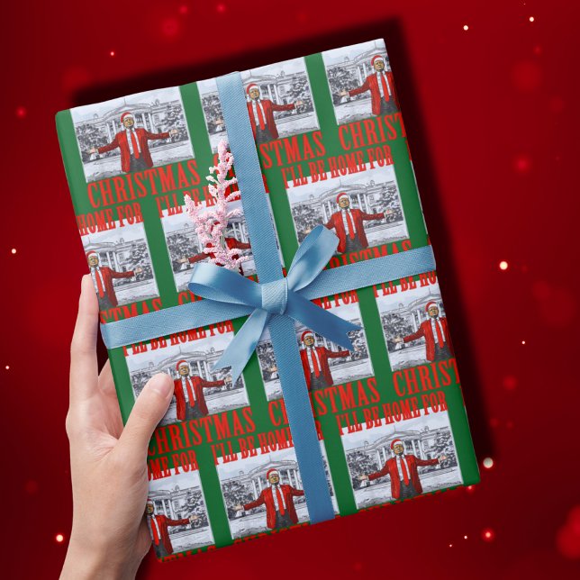 Trump Santa Hat | I'll Be Home For Christmas Green Wrapping Paper (Creator Uploaded)