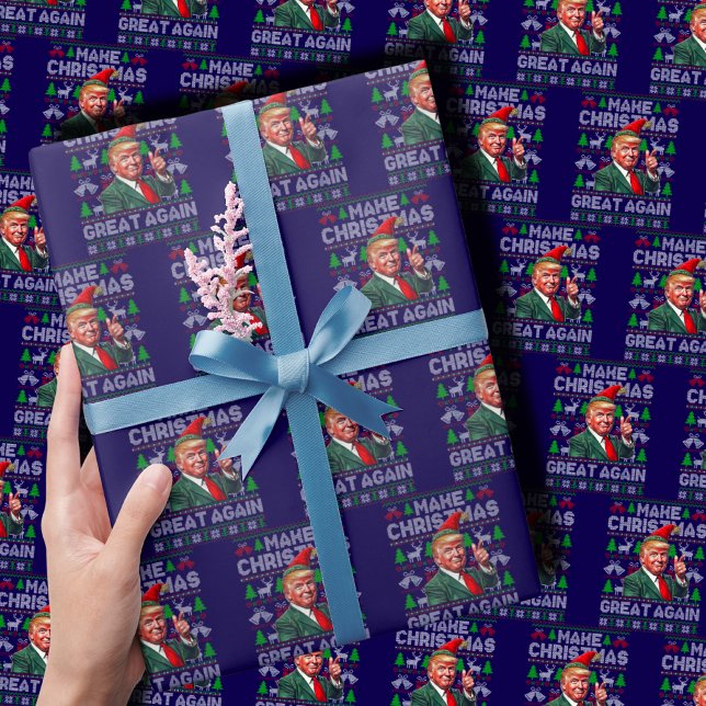 Trump Santa Hat Make Christmas Great Again Blue Wrapping Paper (Creator Uploaded)