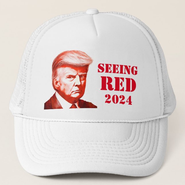 Trump Seeing Red Unofficial Mug Shot Trump 2024 Trucker Hat (Front)