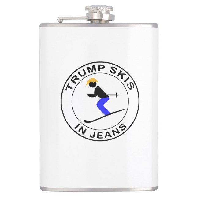 Trump Skis In Jeans Hip Flask (Front)