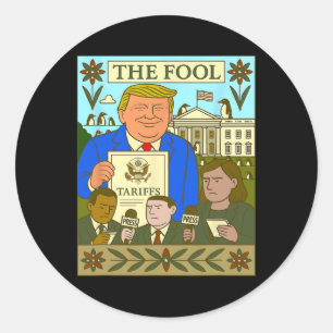 Trump Tarot Card The Fool Imposes Tariff On Pengui Classic Round Sticker