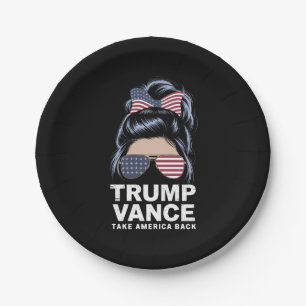 Trump Vance Take America Back Messy Bun Girl Paper Plate