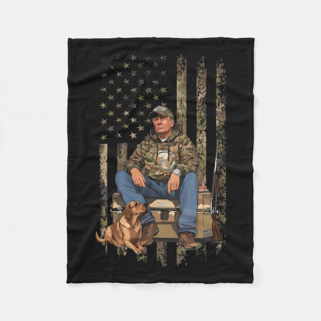Trump With Dog Duck Waterfowl Hunting Camo Preside Fleece Blanket (Front)