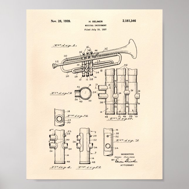 Trumpet 1939 Patent Art Old Peper Poster (Front)