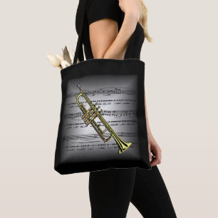 Trumpet ~ 3-D Sheet Music ~ Pillow Gray/Black ~ Tote Bag