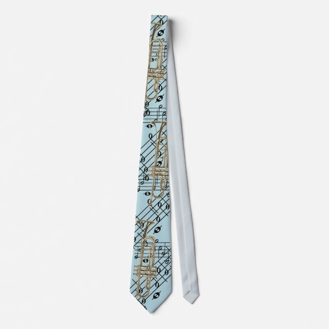 Trumpet And Music Notes On Blue Tie (Front)