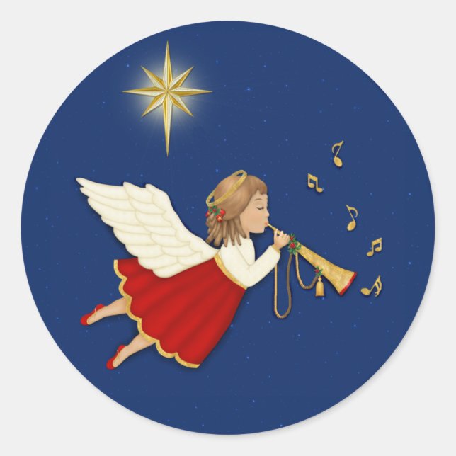 Trumpet Angel and Christmas Star Classic Round Sticker (Front)