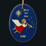 Trumpet Angel Ceramic Ornament<br><div class="desc">Night sky with stars shining in background. Angel with golden trumpet and music notes. Customise text and date areas.</div>