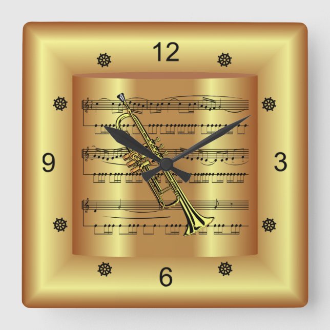 Trumpet ~ Curved Sheet Music ~ Gold Background ~ Square Wall Clock (Front)