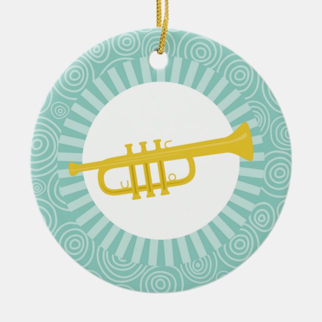 Trumpet Fun Turquoise Swirl Music Ceramic Ornament (Front)