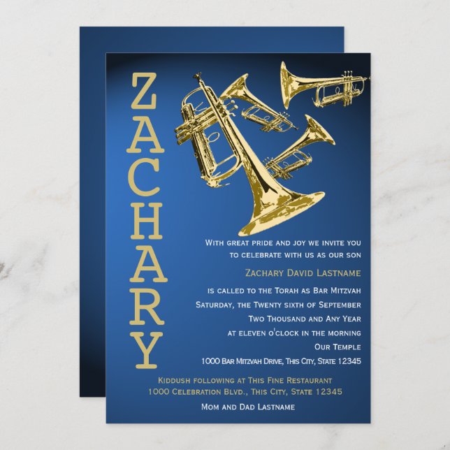 Trumpet Mania Music Blue Gold Bar Mitzvah Invitation (Front/Back)
