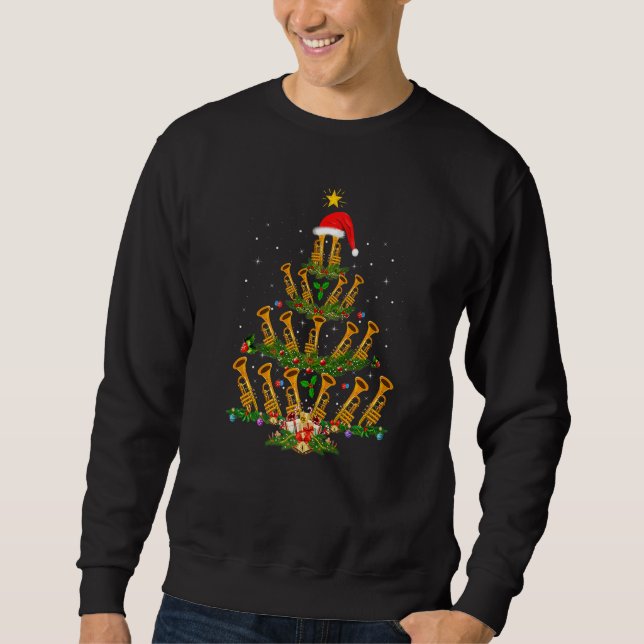 Trumpet Music   Xmas Lights Trumpet Christmas Tree Sweatshirt (Front)