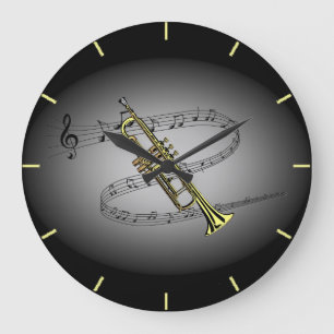 Trumpet Musical Scale ~ Black ~ Grey Background Large Clock