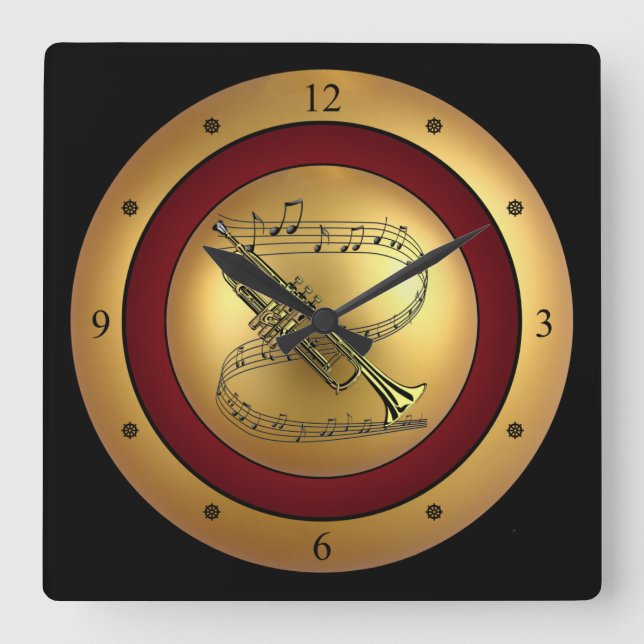 Trumpet ~ Musical Scroll ~ Gold/Maroon/Black Back~ Square Wall Clock (Front)