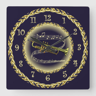 Trumpet ~ Musical Scroll ~ Gold/Navy Blue ~  Square Wall Clock