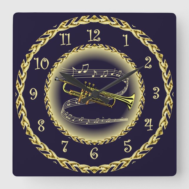 Trumpet ~ Musical Scroll ~ Gold/Navy Blue ~  Square Wall Clock (Front)
