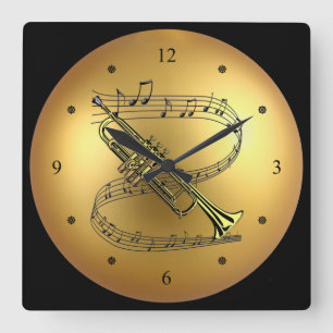 Trumpet~Musical Scroll~ Golden Globe Background ~ Square Wall Clock