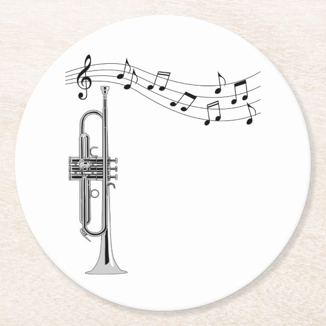 Trumpet Musician With Music Notes Round Paper Coaster (Front)