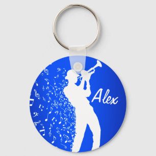 Trumpet Player  Blue & White Soaring Music Notes Key Ring