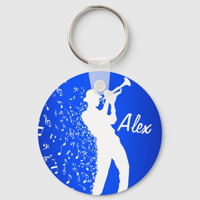 Trumpet Player| Blue & White Soaring Music Notes Key Ring (Front)