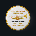 Trumpet Player High School Band Gold Personalised 6 Cm Round Badge<br><div class="desc">This modern custom gold high school marching band button features the student and band name under the trumpet instrument. Customise for symphonic,  wind ensemble,  or concert band members or their director for a great graduation keepsake gift.</div>