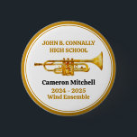 Trumpet Player High School Band Gold Personalised 6 Cm Round Badge<br><div class="desc">This modern custom gold high school marching band button features the student and band name under the trumpet instrument. Customise for symphonic,  wind ensemble,  or concert band members or their director for a great graduation keepsake gift.</div>