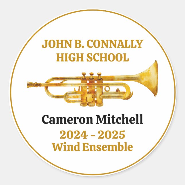 Trumpet Player High School Band Gold Personalised Classic Round Sticker (Front)