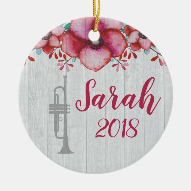 Trumpet Player Music Gift Floral Personalised Ceramic Ornament (Front)