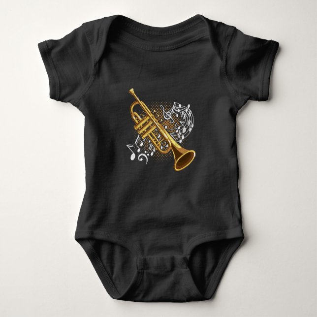 Trumpet Player Musical Notes Jazz Music Art Baby Bodysuit (Front)