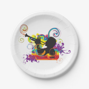 Trumpet Player Silhouette Retro Psychedelic Music Paper Plate