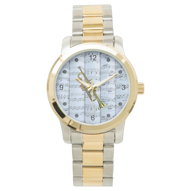 Trumpet~Rolled Sheet Music~Blue Tint Background ~  Watch (Front)