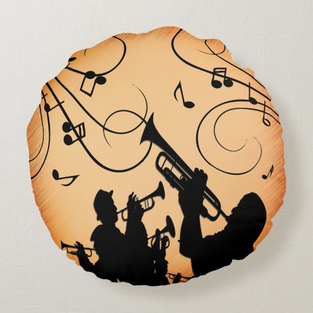 Trumpet Section Jazz Music Orange Rust Round Cushion (Back)