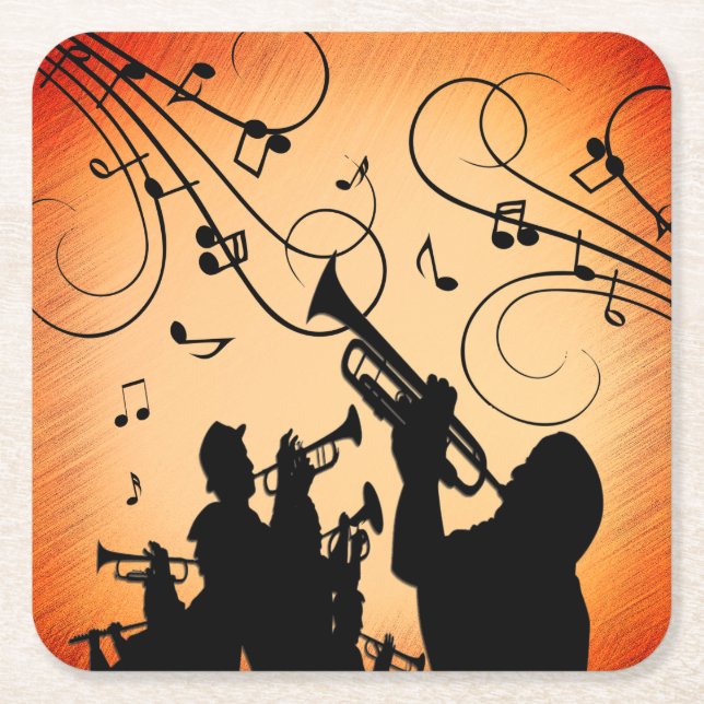 Trumpet Section Jazz Music Orange Rust Square Paper Coaster (Front)