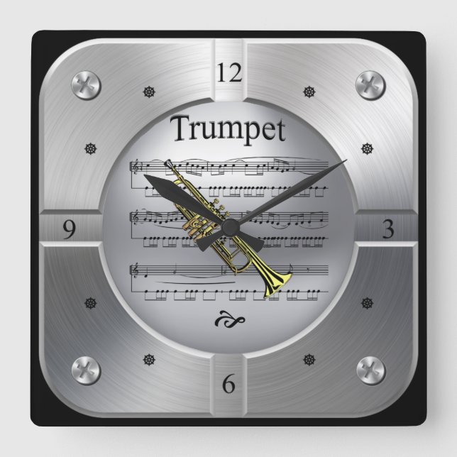 Trumpet ~ Sheet Music ~ Brushed Silver Color ~ Square Wall Clock (Front)