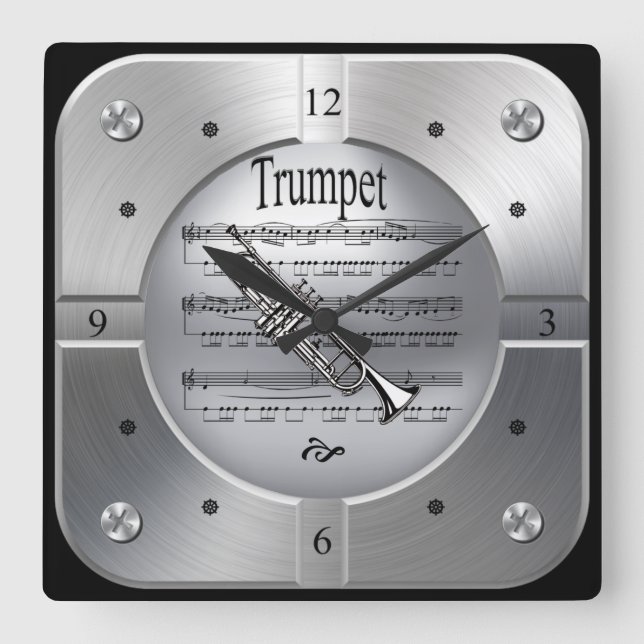 Trumpet ~ Sheet Music ~ Brushed Silver Color ~ Square Wall Clock (Front)