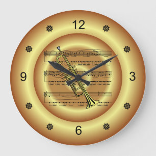 Trumpet ~ Sheet Music ~ Gold Background ~ Large Clock