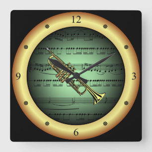 Trumpet ~ Sheet Music ~ Green/Gold Background ~   Square Wall Clock