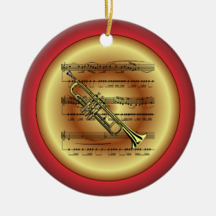 Trumpet ~ Sheet Music ~ Red/Green/Gold ~ Christmas Ceramic Ornament