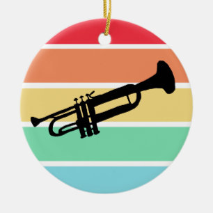 Trumpet Silhouette on Retro Rainbow Stripe Ceramic Ornament
