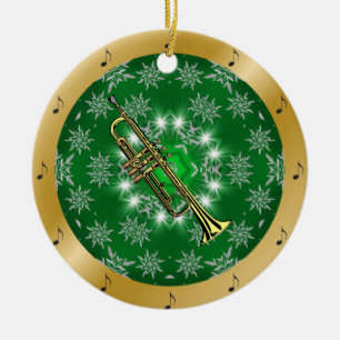 Trumpet ~ Silver ~ Green ~ Gold ~ Christmas ~ Ceramic Ornament