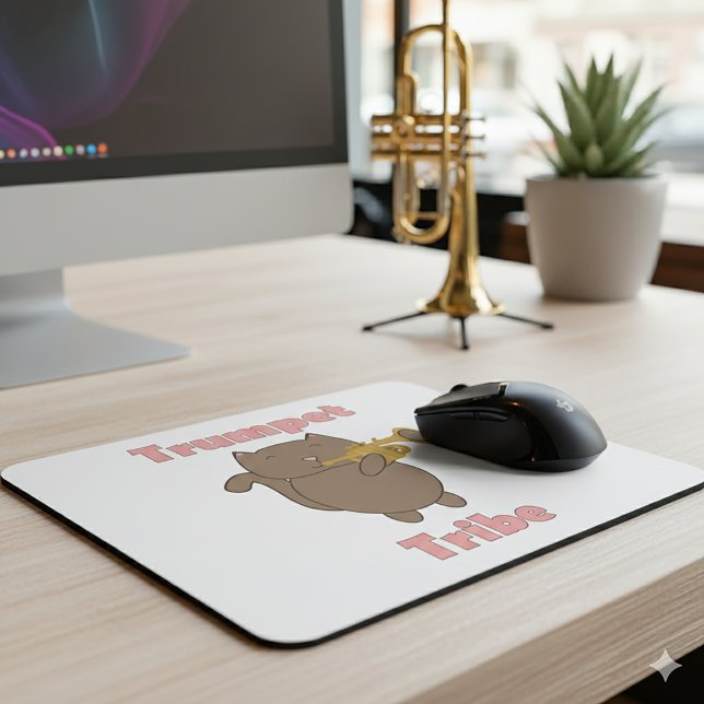 Trumpet Tribe Brown Cat Pink Mouse Pad (A mouse pad featuring a brown cat playing the trumpet and the words trumpet tribe in pink.)