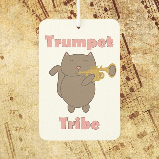 Trumpet Tribe Cat Music Car Air Freshener (An air freshener with a picture of a brown cat playing the trumpet and the words trumpet tribe.)