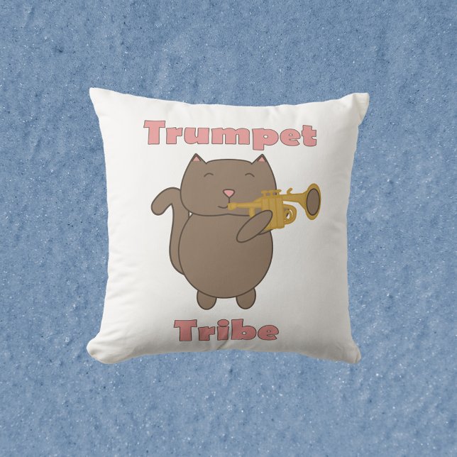 Trumpet Tribe Cat Musician Cushion (A throw pillow with a brown cat playing the trumpet and the words trumpet tribe.)