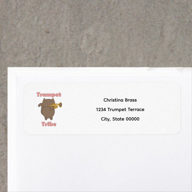 Trumpet Tribe Cat Personalise Return Address Label (A return address label featuring a cat playing the trumpet and the words trumpet tribe.  )