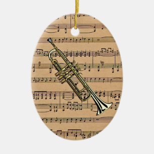 Trumpet With Sheet Music Background Ceramic Ornament