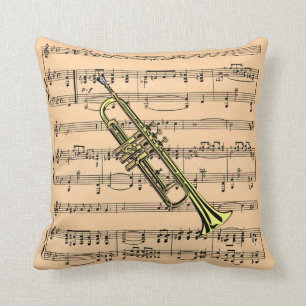 Trumpet With Sheet Music Background Cushion
