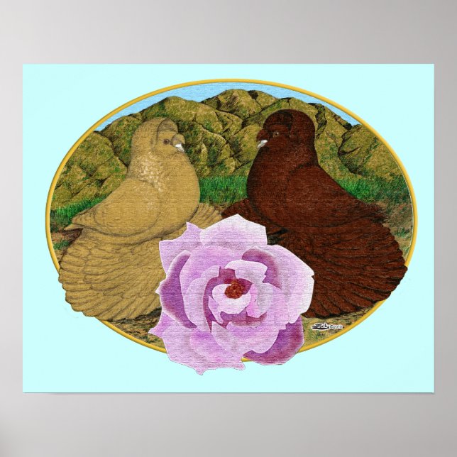Trumpeter Pigeons and Rose Poster (Front)